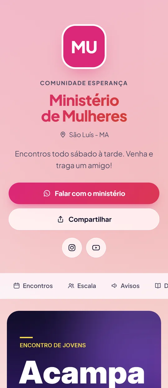 Página de um ministério de mulheres no modelo Aurora