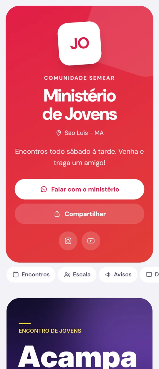 Página de um ministério de jovens no modelo Cartões