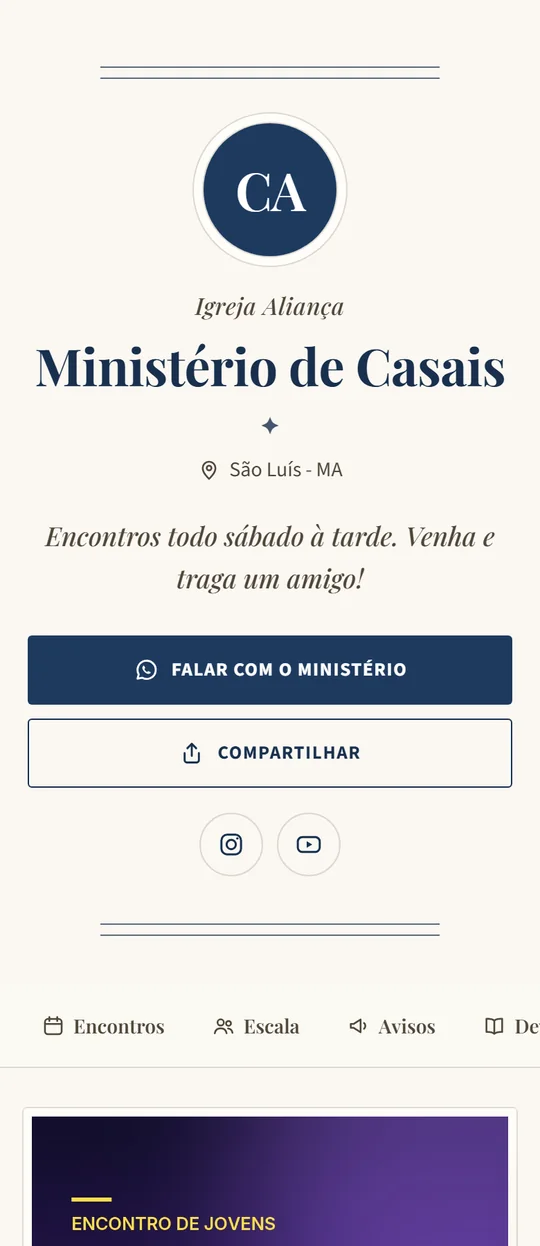 Página de um ministério de casais no modelo Clássico