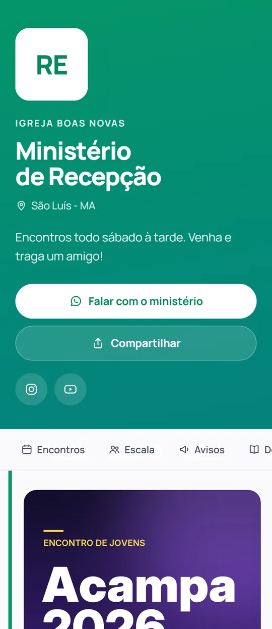 Página de um ministério de recepção no modelo Faixa lateral