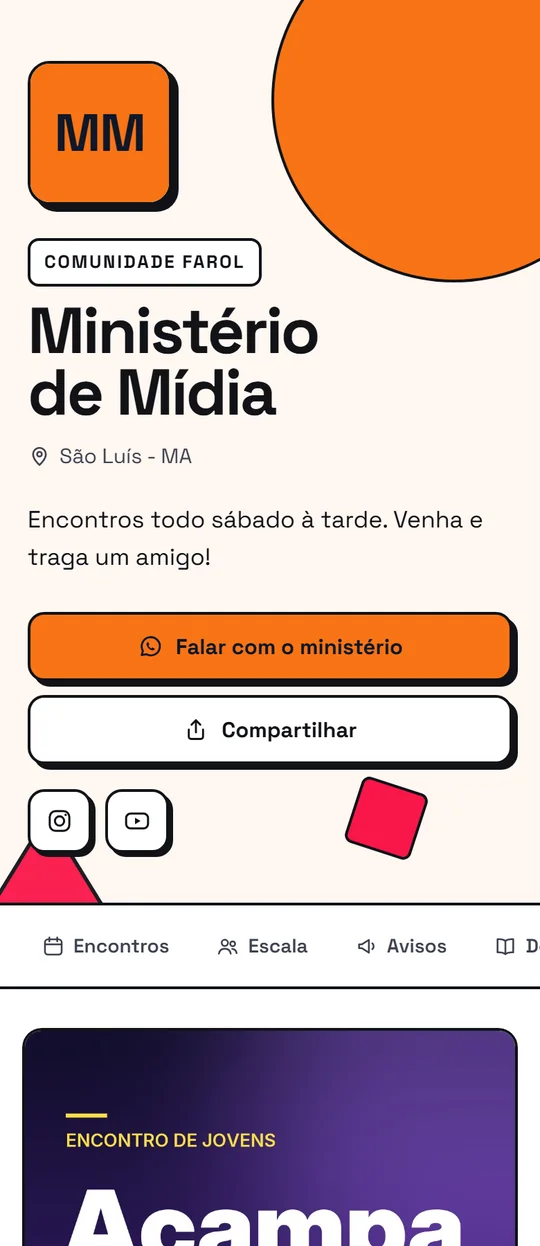 Página de um ministério de mídia no modelo Geométrico