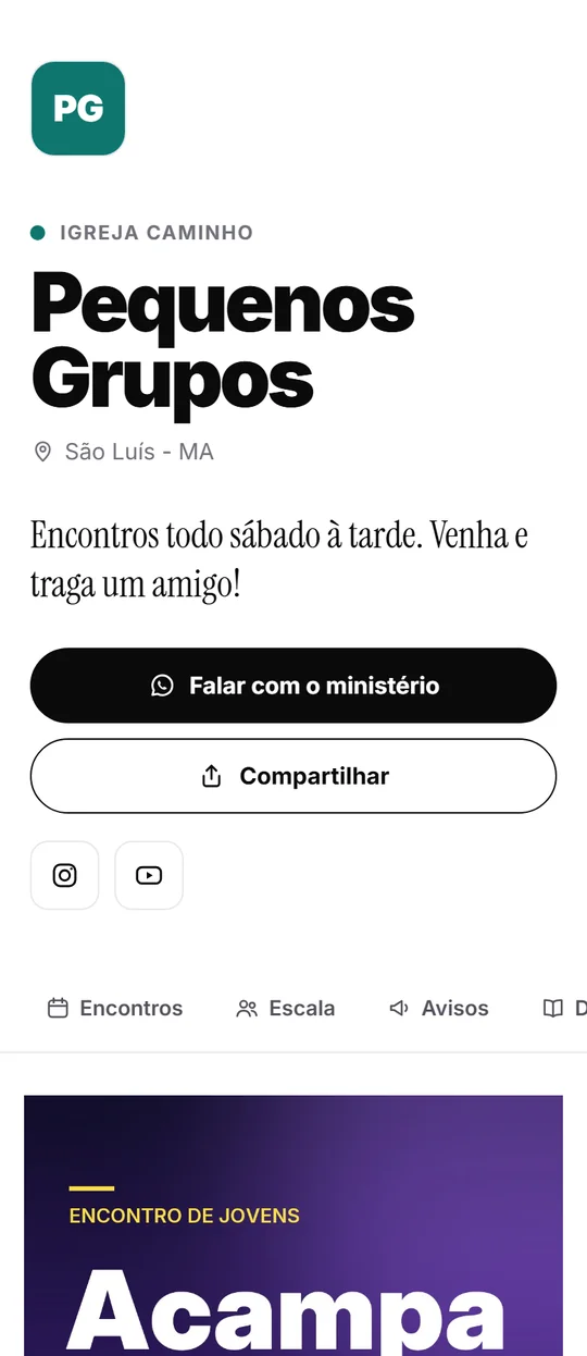 Página de pequenos grupos no modelo Minimalista