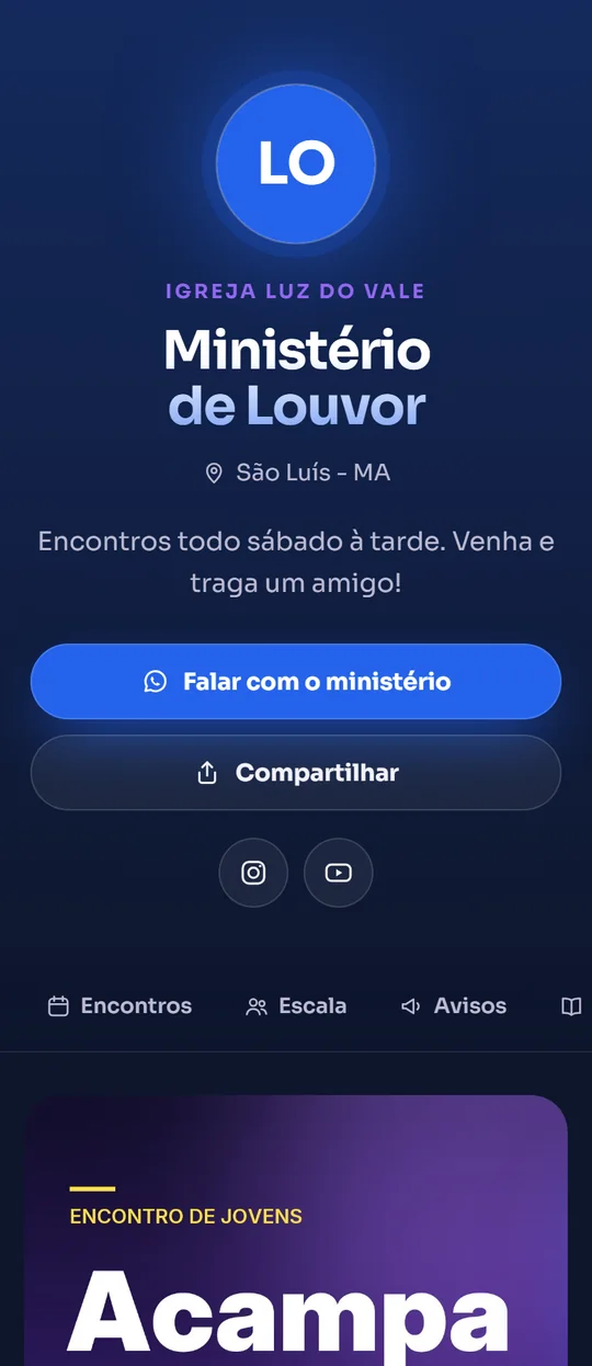 Página de um ministério de louvor no modelo Noite