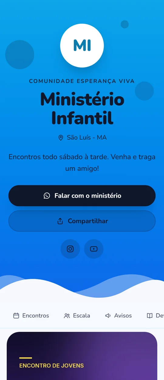 Página de um ministério infantil no modelo Ondas