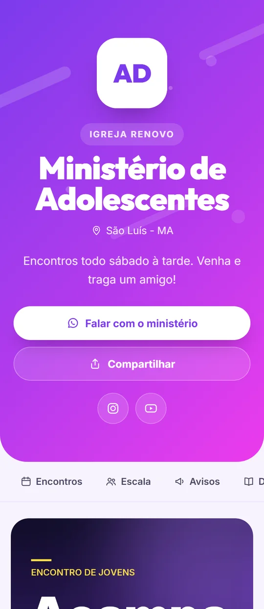 Página de um ministério de adolescentes no modelo Vibrante